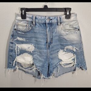 American Eagle Denim Jean Curvy Mom Shorts High-rise Size 4 Distressed Strings